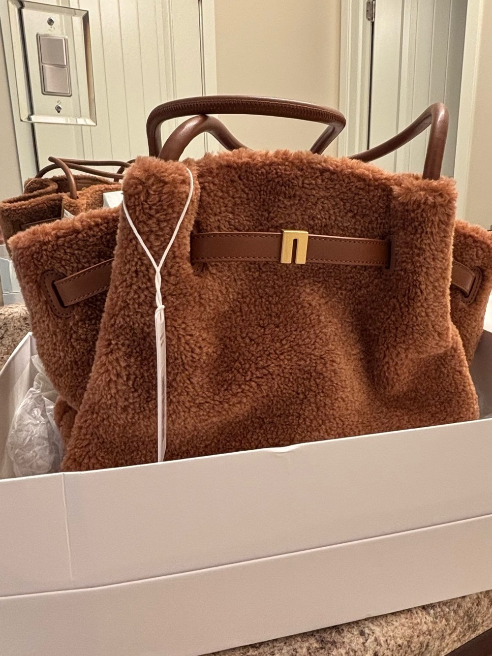 JW PEI Cognac Faux Shearling Tote with Leather-Style Handles - Picture 5 of 6